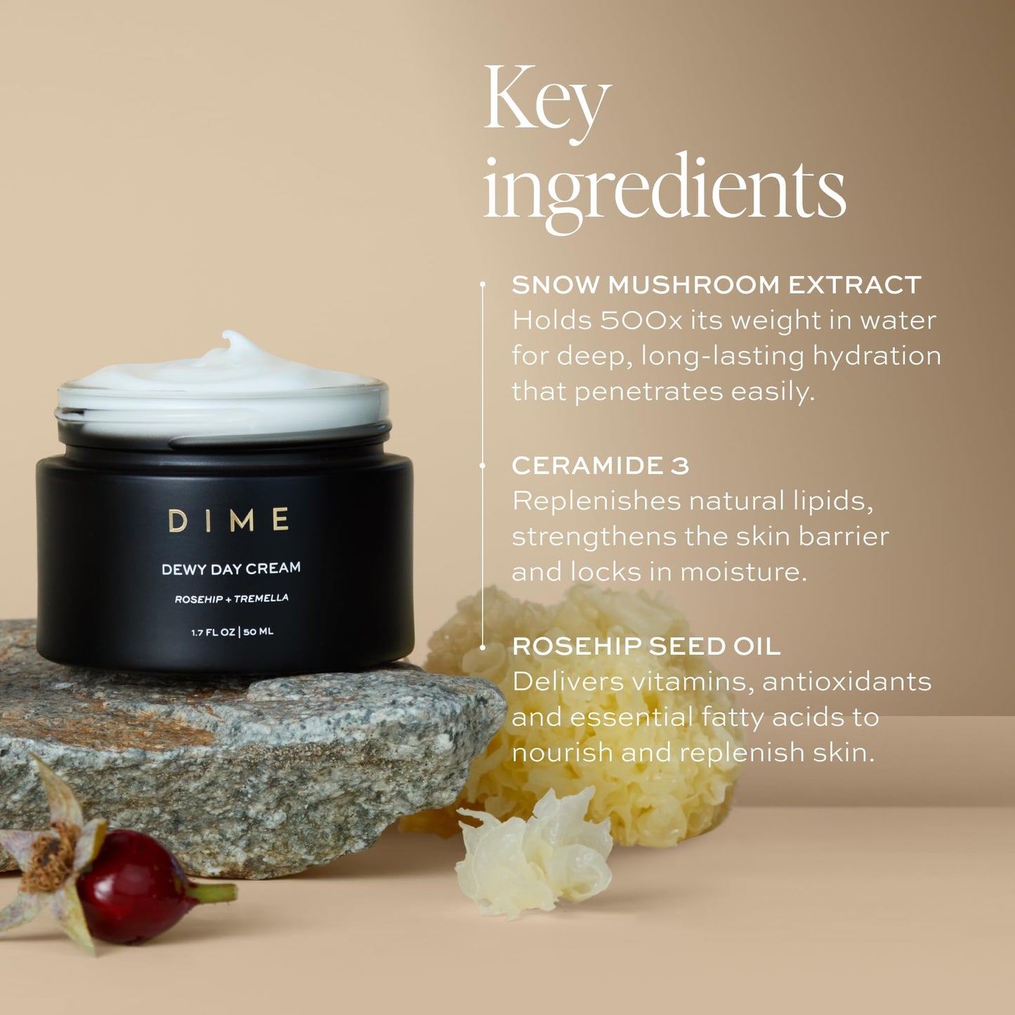 DIME Beauty Dewy Day Cream - Anti-Aging Hydrating Face Moisturizer with Rosehip Oil, Ceramides and Snow Mushroom for Dry and Combination Skin, Vegan Beauty and Personal Care DIME