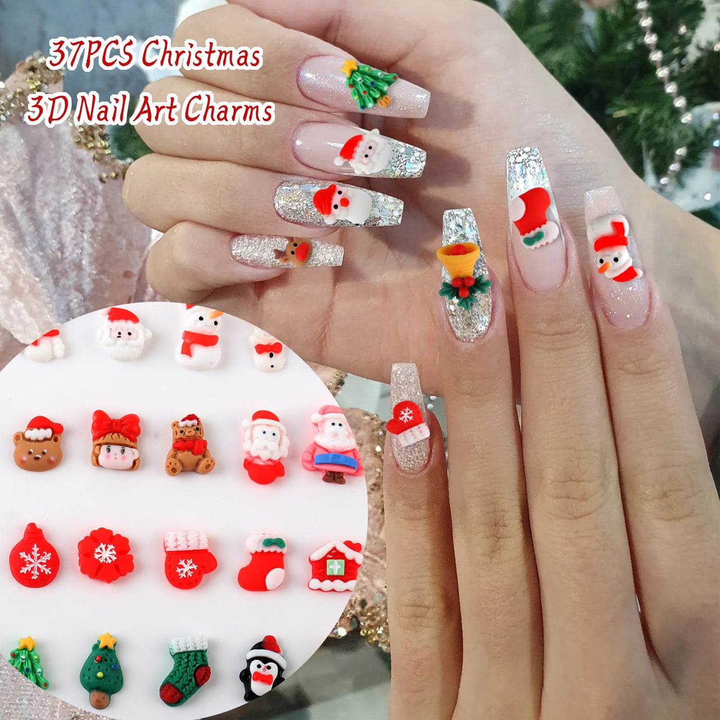 37PCS Christmas Nail Art Charms - Mixed 3D Resin Charms with Santa Claus, Elk, Xmas Tree, Gloves, Bells, Snowman Designs Beauty & Personal Care ONEUPIN