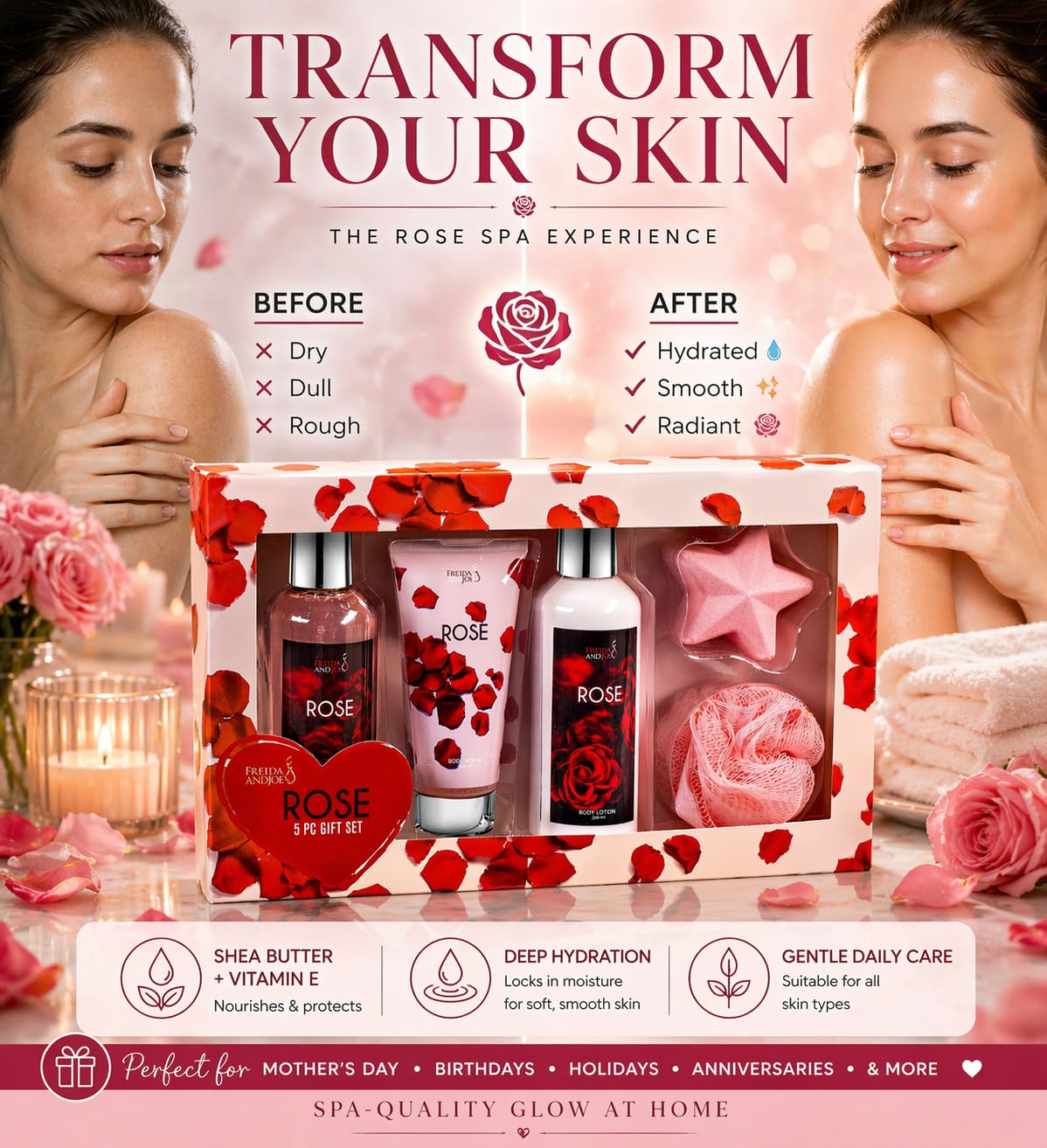 Fragrance Bath & Body Collection Gift Box, Rose Spa Set Beauty and Personal Care Freida and Joe
