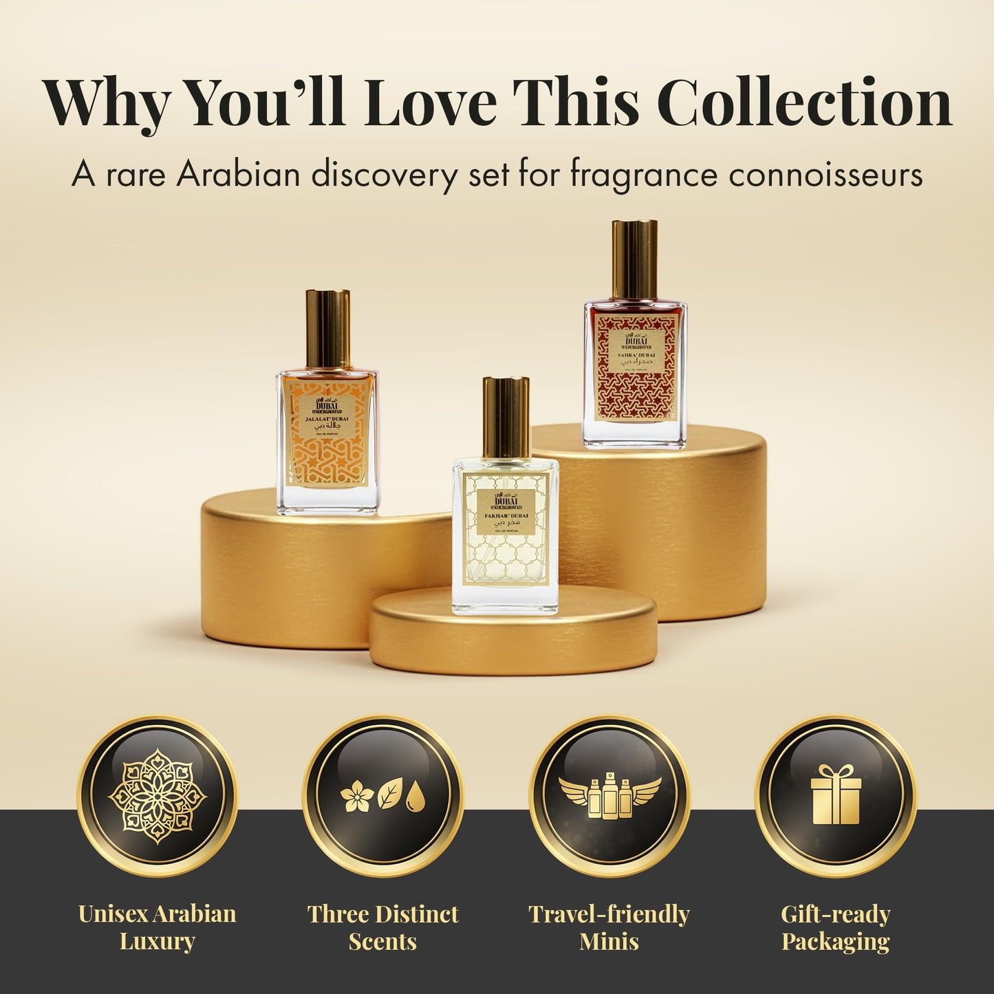 DUBAI UNDERGROUND 3PC Mini EDP Arabic Fragrance Collection | Unisex Discovery Set | Jalalat, Fakhar, Sahra | Luxurious Arabian Perfume Gift | Rare Beauty & Personal Care DUBAI UNDERGROUND