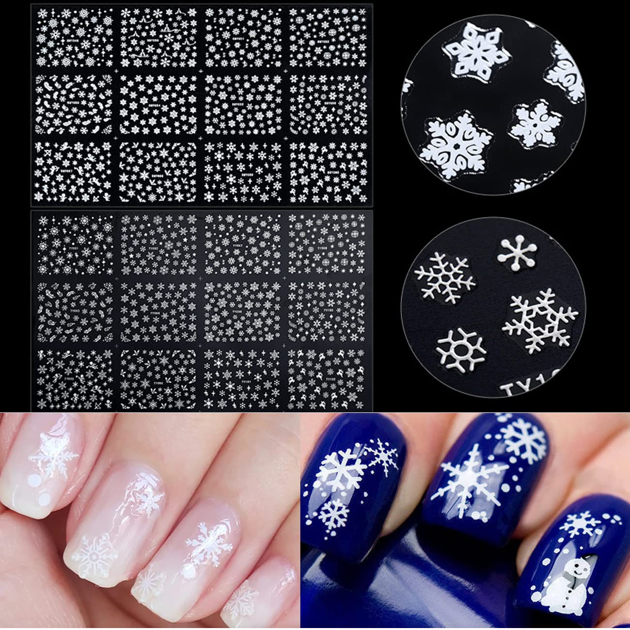 24 Sheets Snowflakes Nail Art Stickers Decals Christmas Nail Decals 3D Snowflake Self-Adhesive Nail Designs White and Sliver Winter Nail Art Supplies Beauty & Personal Care RYAOLFLY