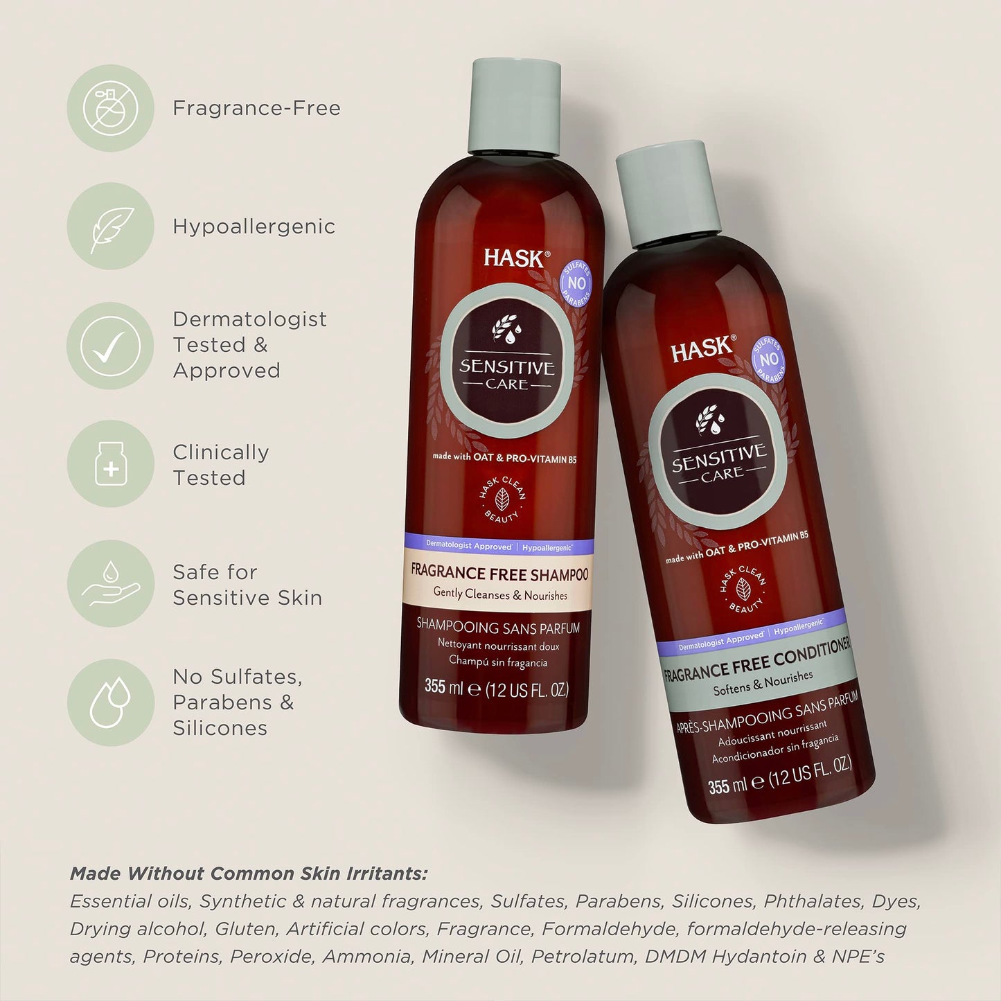 HASK Sensitive Care Shampoo + Conditioner Set | Fragrance-Free, Paraben-Free, Sulfate-Free, Gluten-Free, Vegan, Cruelty-Free, Color Safe | 12oz each Beauty & Personal Care HASK