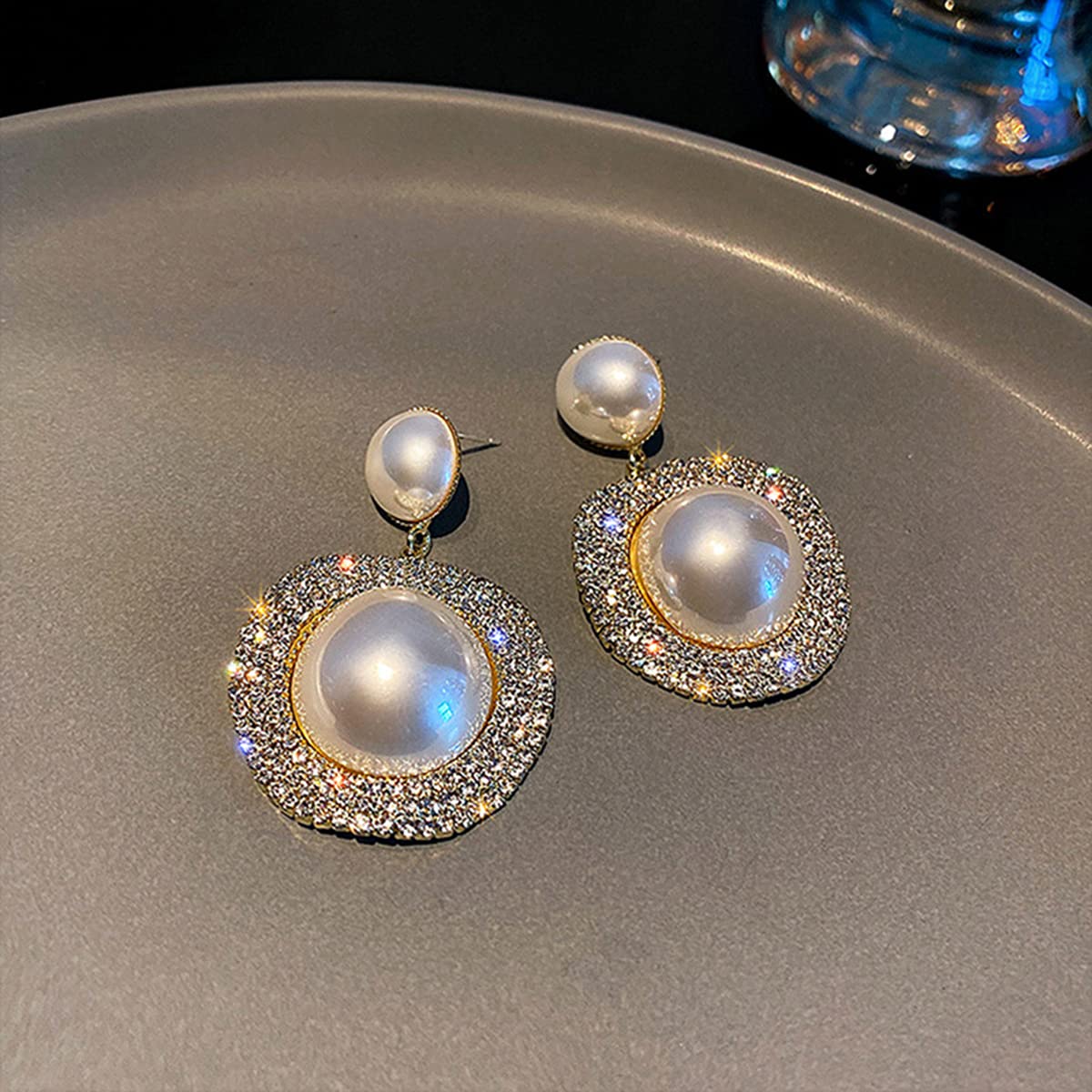 Xerling Bling Rhinestone Pearl Button Stud Earrings for Women Shiny Statement Pearl Dangle Bridal Earrings for Wedding Prom Party Beauty & Personal Care Xerling