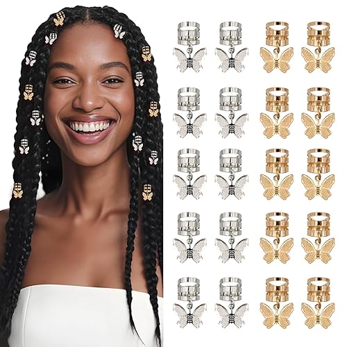 20Pcs Gold Silver Butterfly Cuffs for Women's Braids, Dreadlocks - Aluminum Rings, Adjustable Metal Clips, Hair Decorations Beauty & Personal Care Gaiett