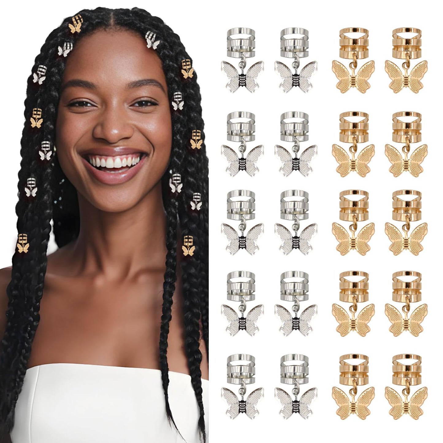 20Pcs Gold Silver Butterfly Cuffs for Women's Braids, Dreadlocks - Aluminum Rings, Adjustable Metal Clips, Hair Decorations Beauty & Personal Care Gaiett