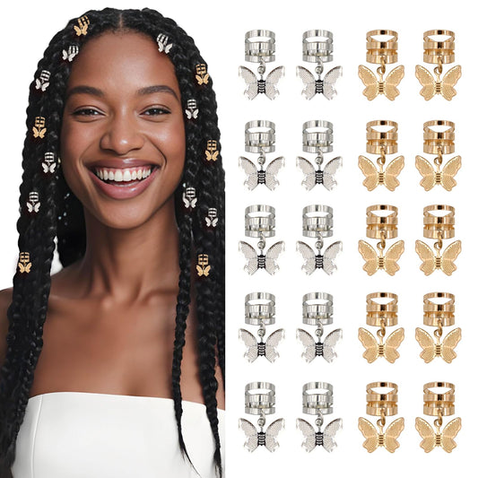 20Pcs Gold Silver Butterfly Cuffs for Women's Braids, Dreadlocks - Aluminum Rings, Adjustable Metal Clips, Hair Decorations Beauty & Personal Care Gaiett