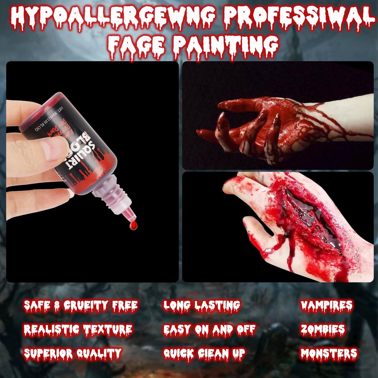 Halloween Fake Blood for Squirt and Drip, Liquid for Clothes, Zombie, Vampire Monster SFX Makeup Face Body Paint Beauty & Personal Care VPCRT6