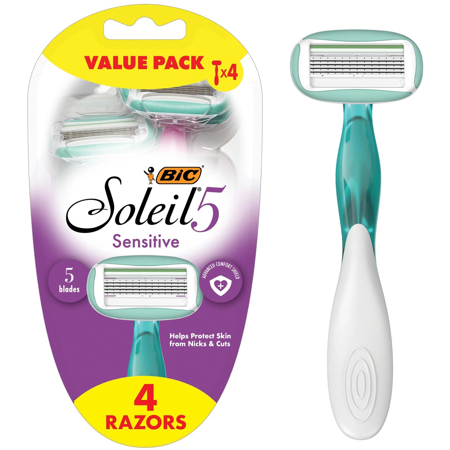 BIC Soleil 5 Sensitive Women's Disposable 5-Blade Razors, Moisture Strips and Pivoting Head for Smooth Summer Shaves, 4-Pack Beauty and Personal Care BIC