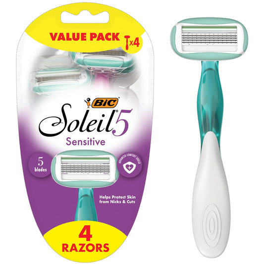 BIC Soleil 5 Sensitive Women's Disposable 5-Blade Razors, Moisture Strips and Pivoting Head for Smooth Summer Shaves, 4-Pack Beauty and Personal Care BIC