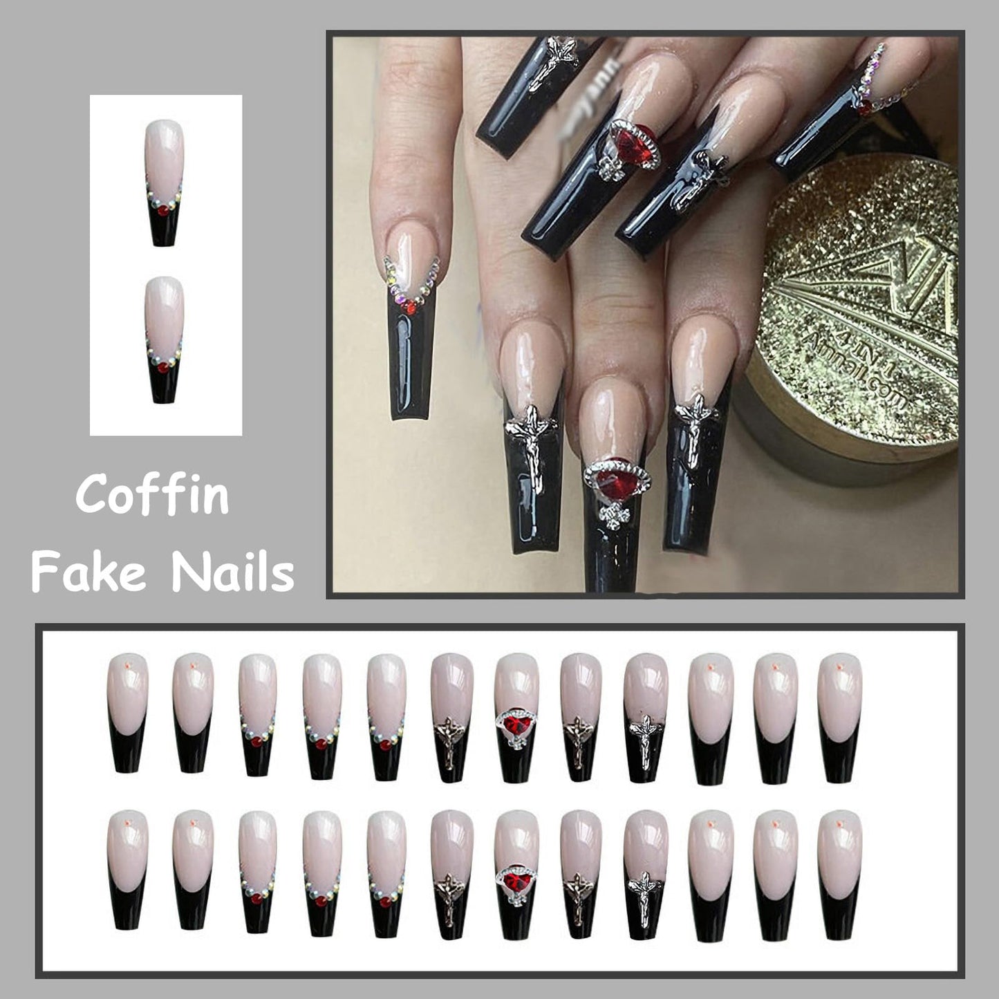 MISUD Press on Nails - Long Coffin Glue on Nails with Goth Black, Acrylic Gothic Cross Design 24 pcs Beauty & Personal Care MISUD