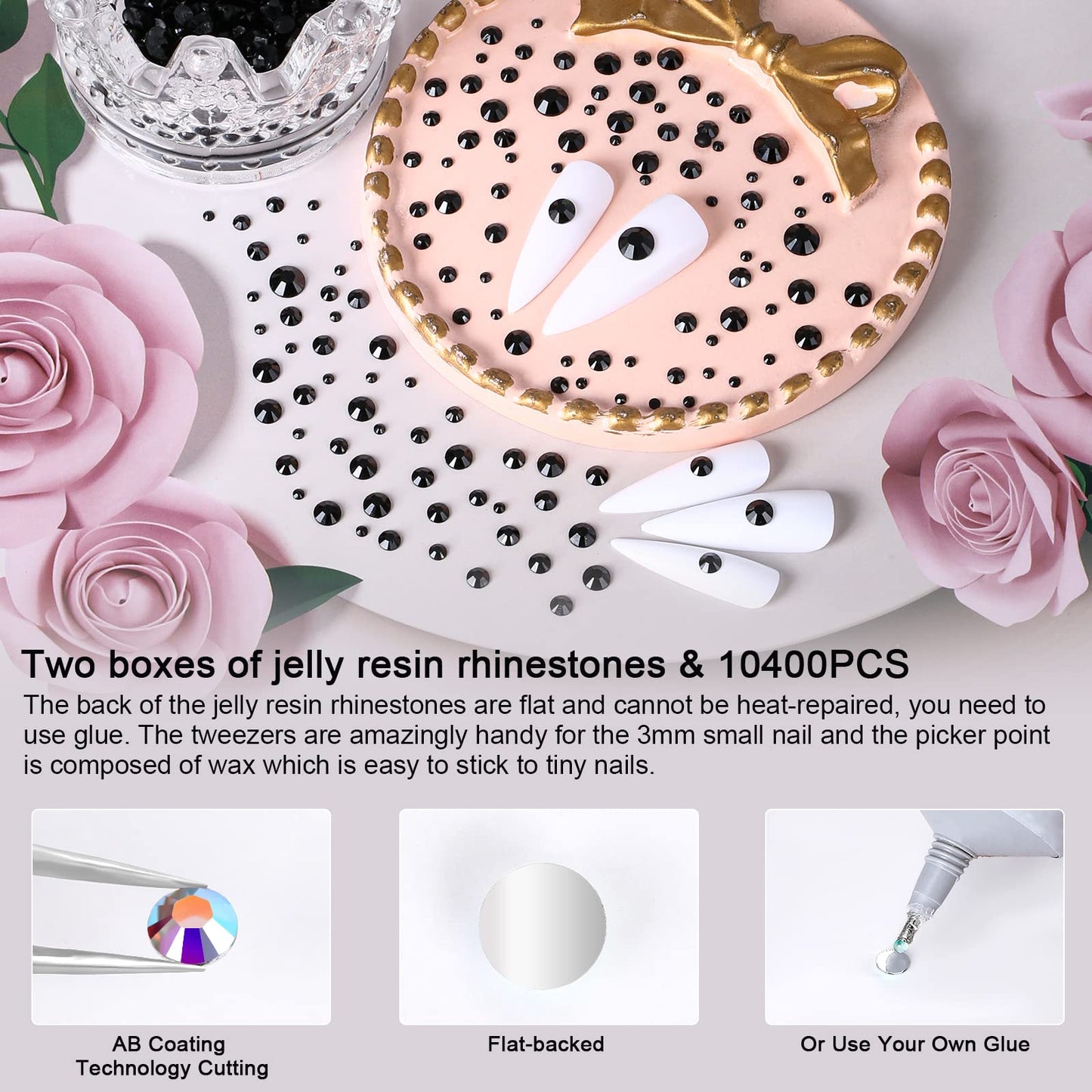 QPRETTY DU 10400 Black Rhinestones, Jelly Resin Crystals for Nails, Flatback Non Hotfix DIY Crystals with 15 cm Pencil Sharpener and Tweezer & Picker Beauty & Personal Care QPRETTY DU