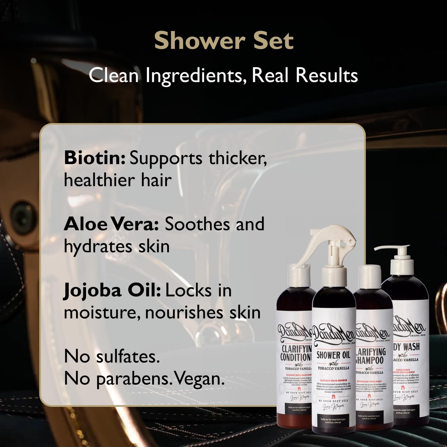 DandyMen Men’s Shower Set - Shampoo, Conditioner, Body Wash & Shower Oil - Cleansing & Moisturizing Grooming Kit for Hair & Skin (Tobacco Vanilla) Beauty & Personal Care DandyMen
