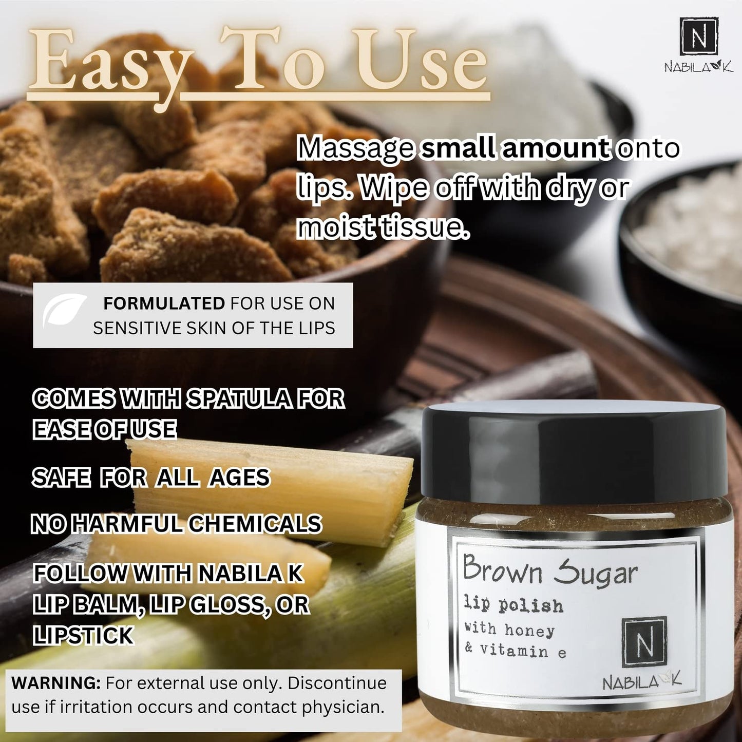Brown Sugar Lip Polish, 1 oz by Nabila K - Hydrating Lip Exfoliator & Moisturizer with Honey and Vitamin E for Dry and Chapped Lips - Cruelty-Free Beauty and Personal Care Nabila K