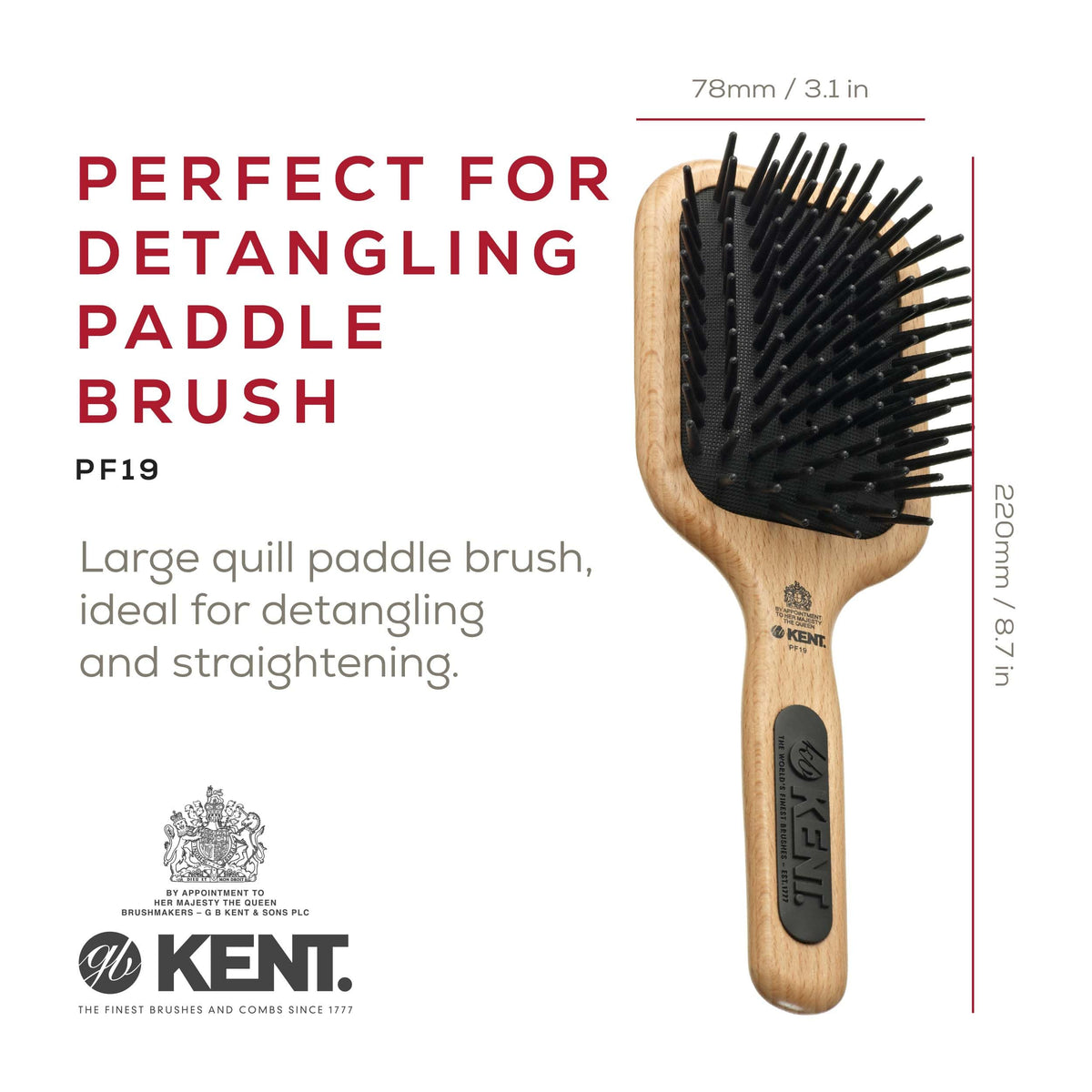 Kent PF19 Beechwood Cushion Paddle Brush - Scalp Massager and Detangler - The Hair Brush for Thick Hairs - Scalp Massager Growth Stimulator, Detangler