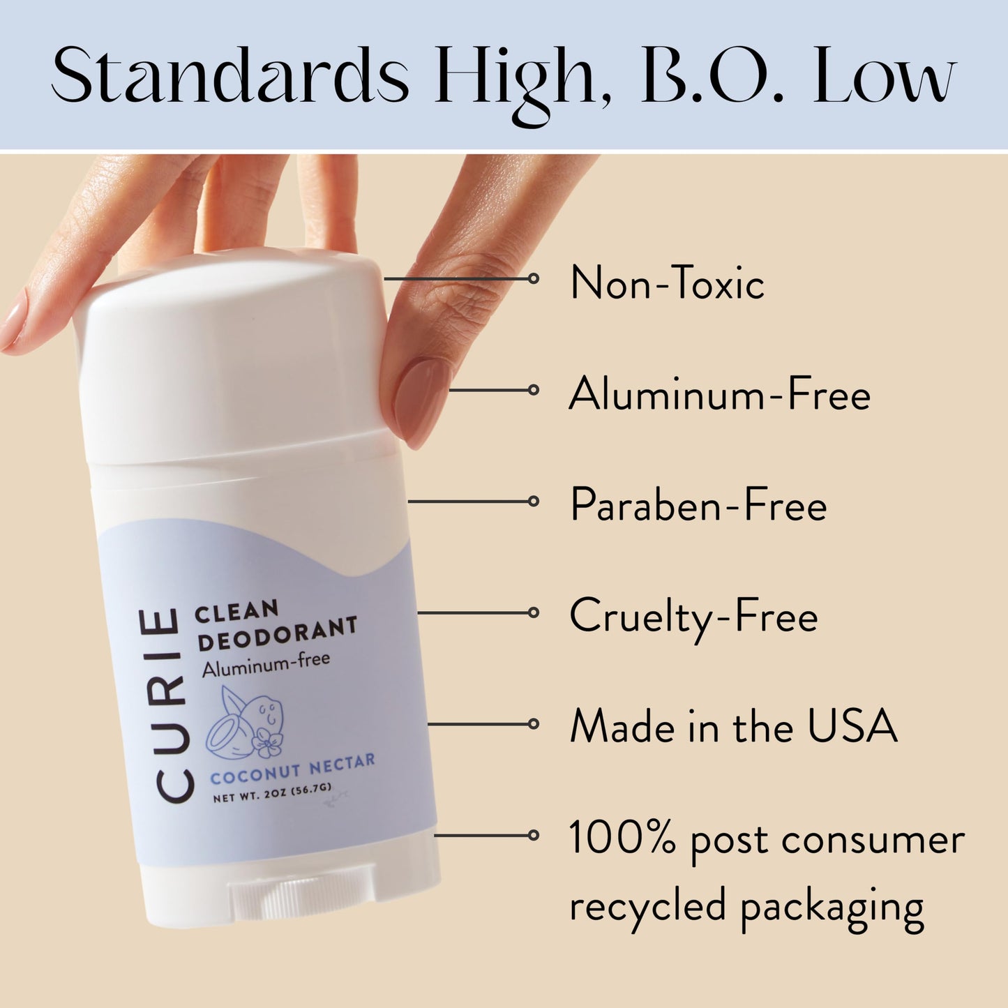 Curie Aluminum Free Deodorant - Coconut Nectar 2oz Stick -Natural Deodorant, Paraben Free, Cruelty Free, Non-Toxic Beauty and Personal Care Curie