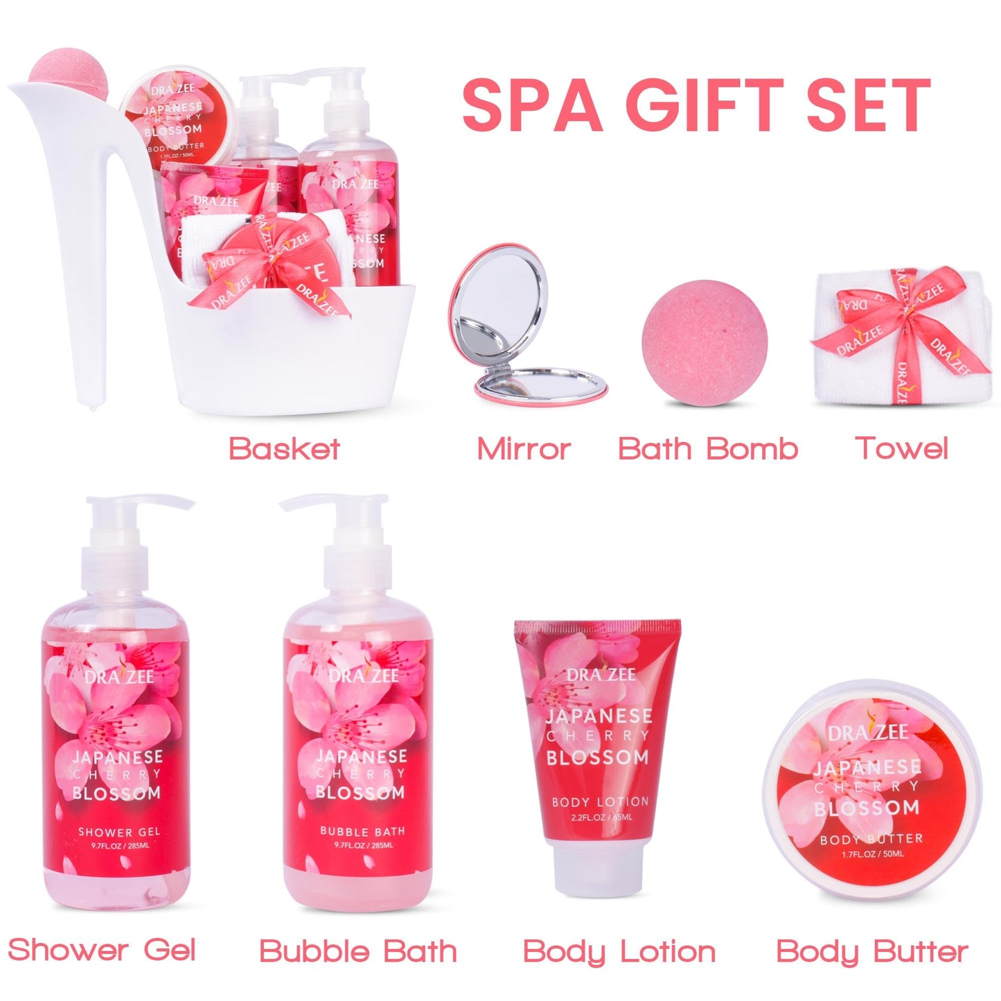 Valentine’s Day Gifts for Women - 8 Pc Spa Gift Baskets for Women, Cherry Blossom Scented Heel Shoe Spa Basket, Elegant Bath Set, Romantic Spa Gift Beauty & Personal Care Draizee