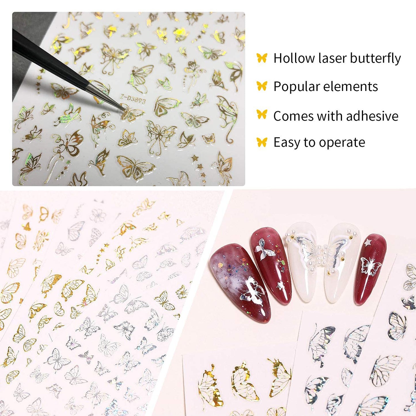 8 Sheets Butterfly Nail Adhesive Sticker - Laser Craft Glitter Gold and Silver Shapes for Art Design and Decoration - 3D Luxury Foils for Acrylic Beauty & Personal Care TBRZTR