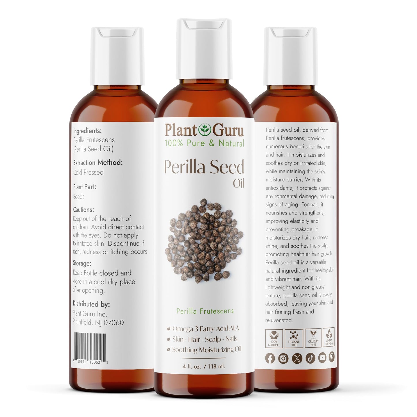 Plant Guru Perilla Seed Oil 4 fl. oz. Cold Pressed 100% Pure & Natural Carrier - Ideal for Skin, Face, Body, and Hair Moisturizer. Great for DIY Beauty & Personal Care Plant Guru