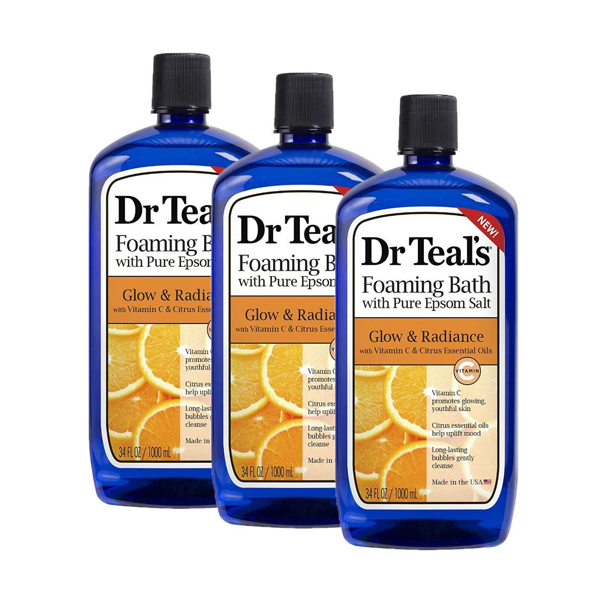 Dr. Teal's Vitamin C & Citrus Pure Epsom Salt Foaming Bath Gift Set (3 Pack, 34 oz ea.) - Glow & Radiance Essential Oils Uplifts Your Mood & Promotes Beauty and Personal Care Dr Teal's