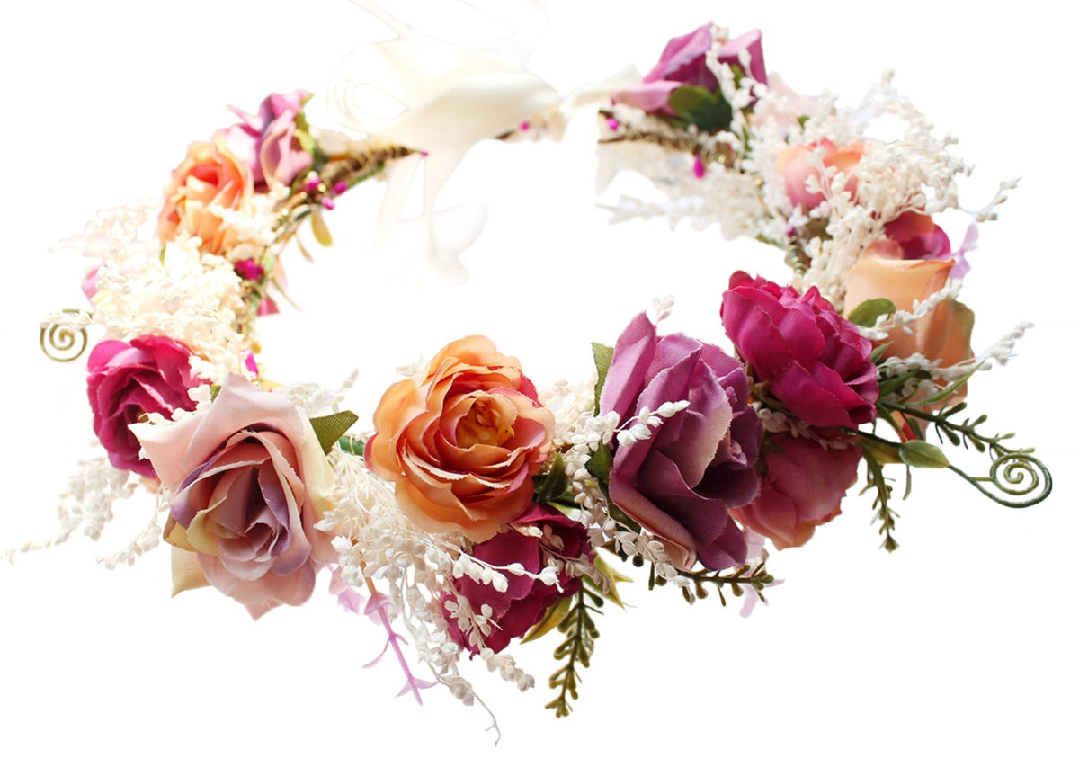 Vivivalue Rose Flower Crown Boho Flower Headband Floral Halo Party Pink