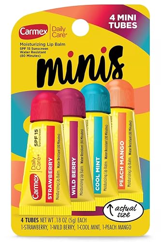 Carmex Daily Care Minis Moisturizing Lip Balm Tubes with SPF 15, Strawberry, Cool Mint, Wild Berry and Peach Mango Lip Balm Pack - 0.18 oz each, 4 Beauty & Personal Care Carmex