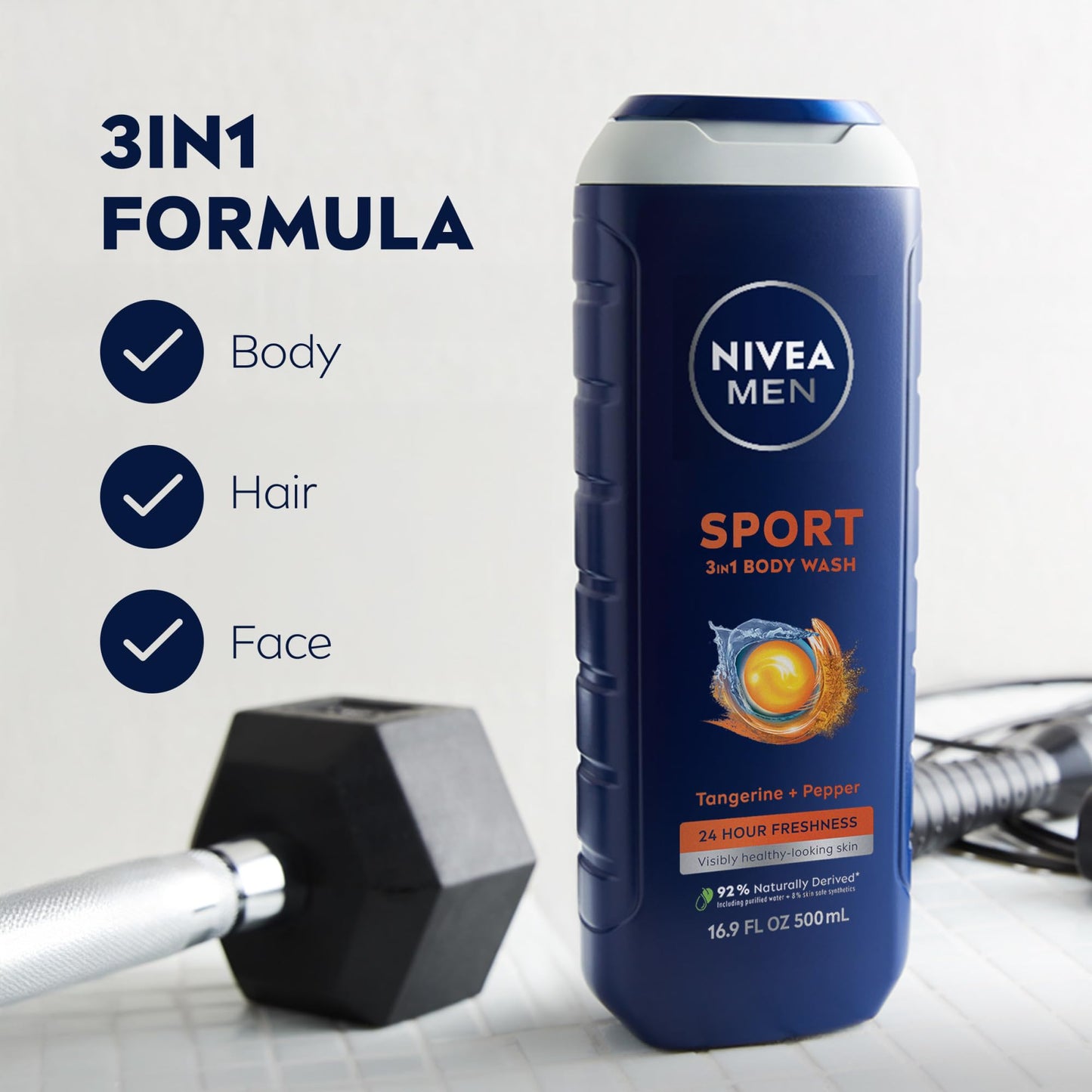 NIVEA MEN Sport Body Wash with Revitalizing Minerals, Tangerine and Pepper Scent, 3-in-1 Men's Body Wash, Face and Hair, Paraben Free, Vegan Formula Beauty & Personal Care NIVEA MEN