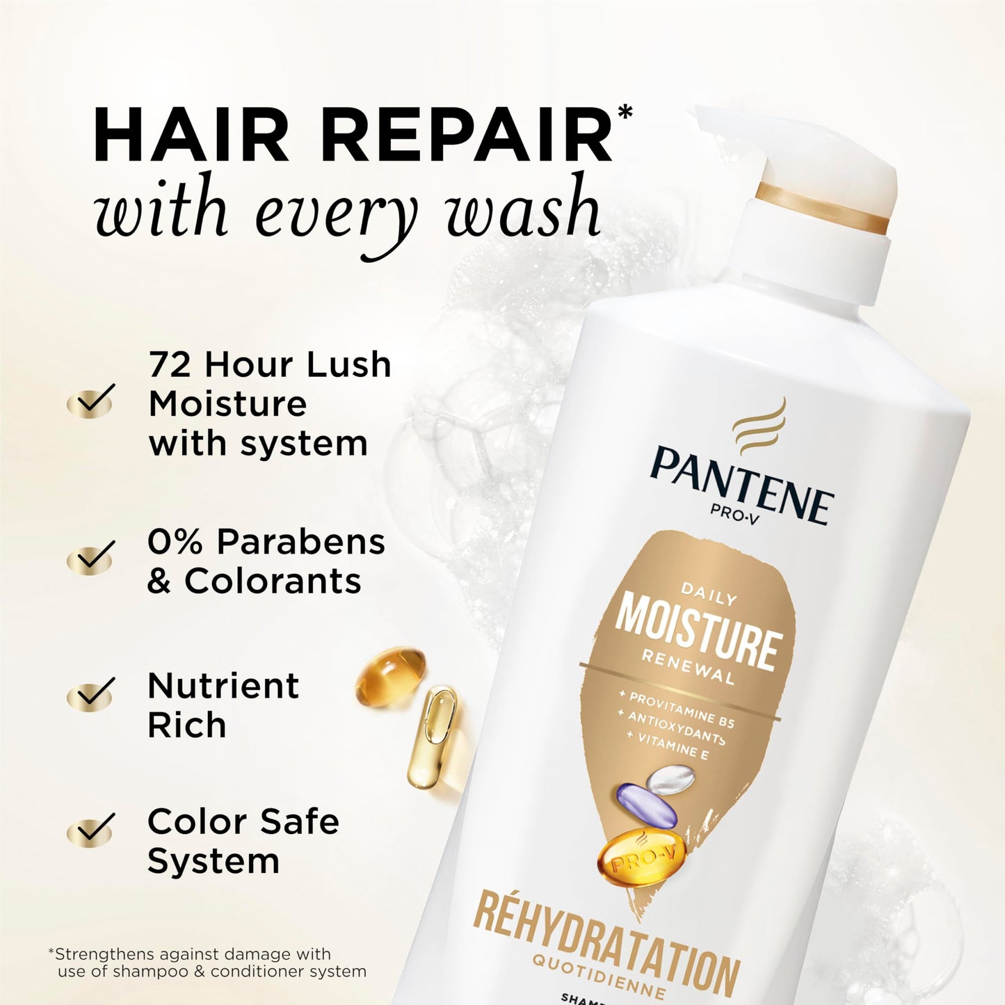 Pantene Shampoo & Conditioner Set, Daily Moisture Renewal with Vitamin E - Pro-V Nutrients for Dry, Color-Treated, Straight to Curly Hair, 72-Hour Beauty & Personal Care Pantene