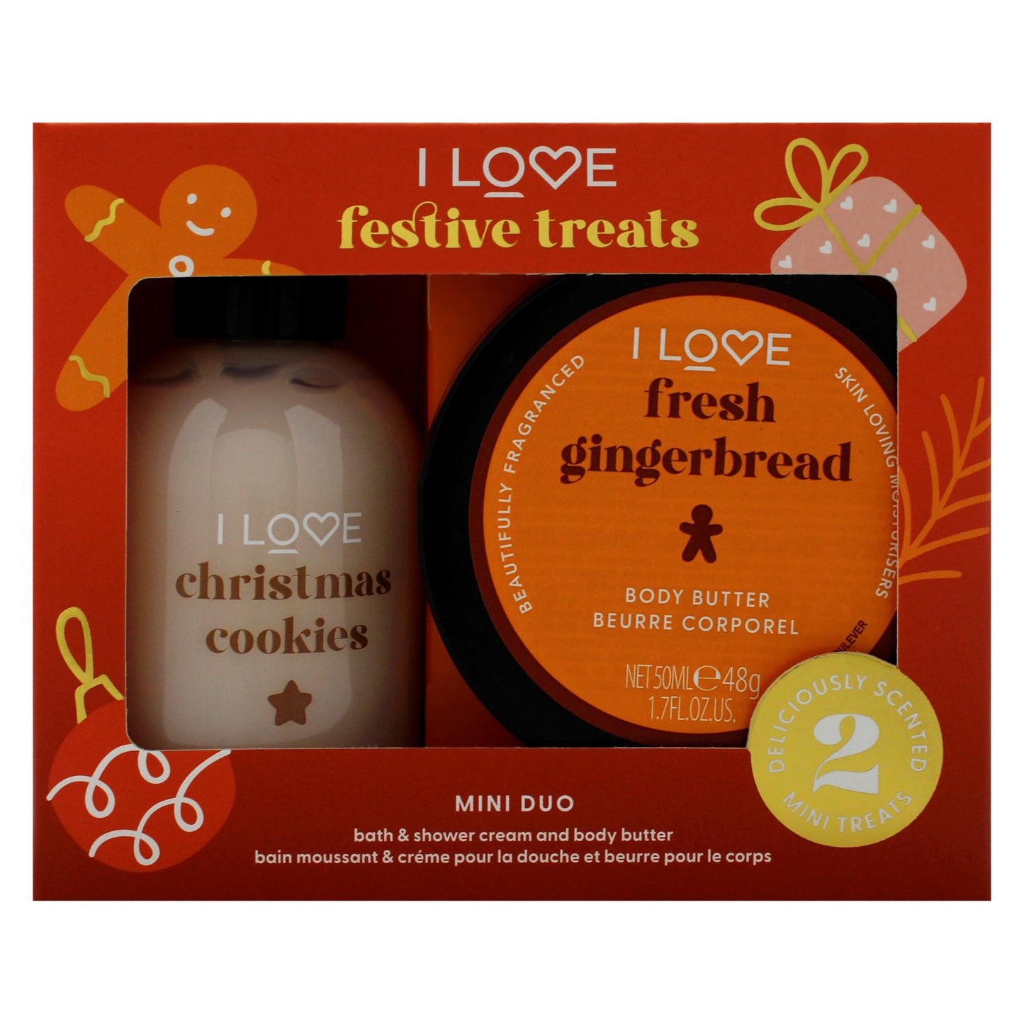 I Love Miniature Festive Treat Box by I Love Cosmetics for Unisex - 2 Pc 3.3oz Christmas Cookie Bath and Shower Creme, 1.7oz Gingerbread Body Butter Beauty and Personal Care I LOVE