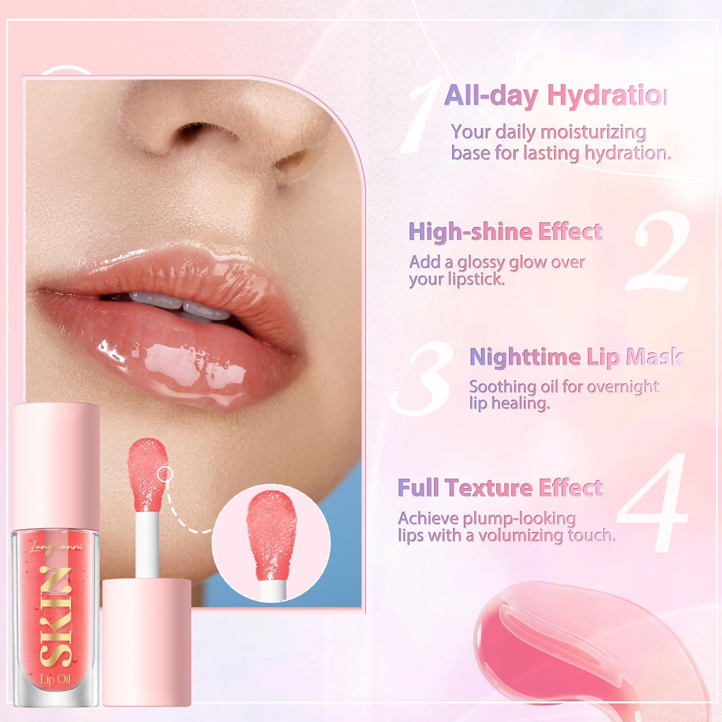 LANGMANNI Moisturizing Lip Oil,No-Sticky Lip Gloss Lip Balm Lip Care,Fruit Flavoured Lip Oil For Dry Lip's Moisturizing Hydrating And Nourishing Beauty & Personal Care LANGMANNI