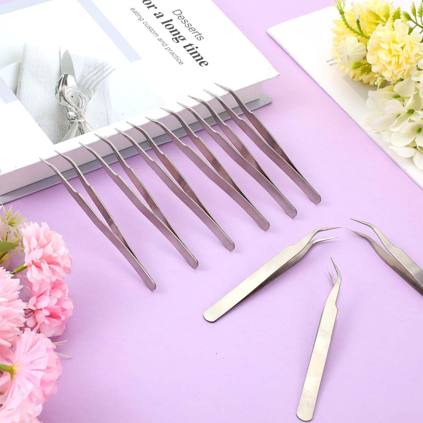 10 PCS Stainless Steel Eyelash Tweezer, Curved Pointed Craft Tweezers for Crafting with Protective Cover Precision Tweezers Set Multipurpose Nail Beauty and Personal Care Styquenzer