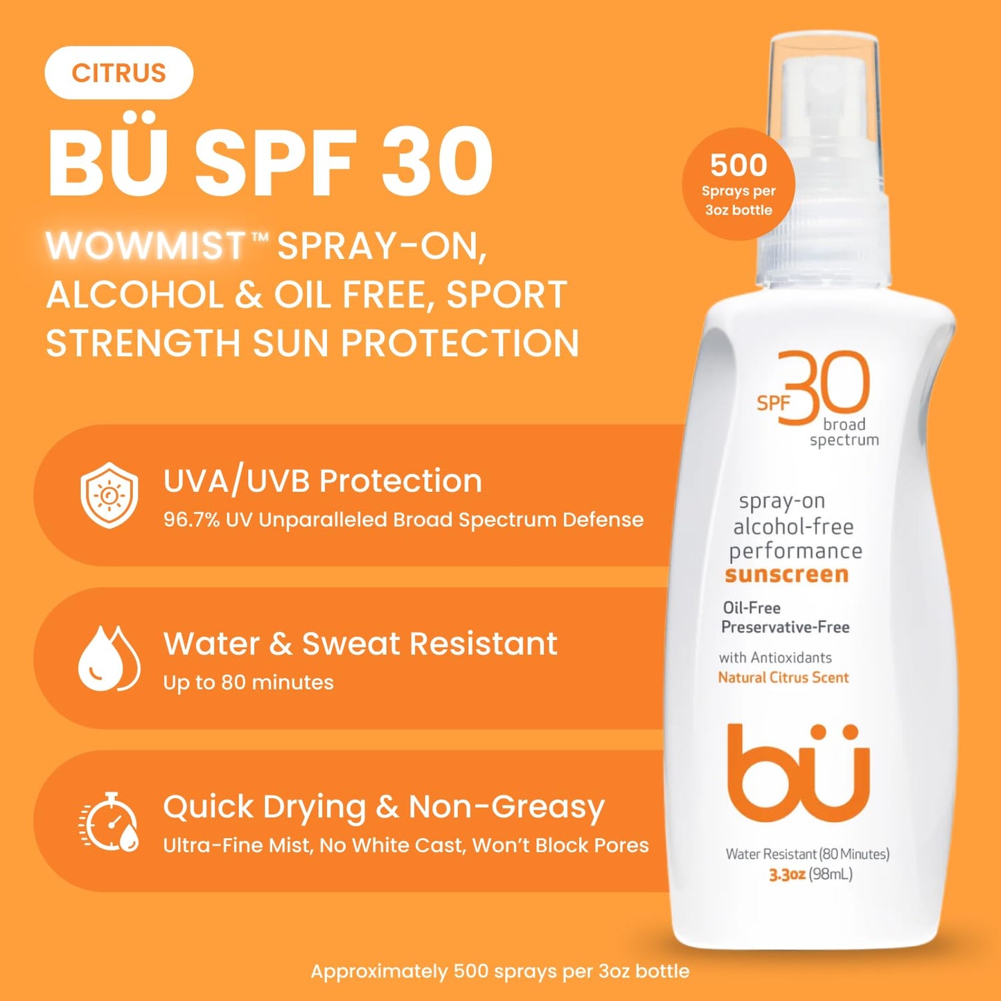 BU SPF 30 Sunscreen Spray for Face and Body, Non Aerosol Spray, Clear WOWmist, TSA Travel Size Sunblock, Oil Free and Water Resistant for Sensitive Beauty & Personal Care bü