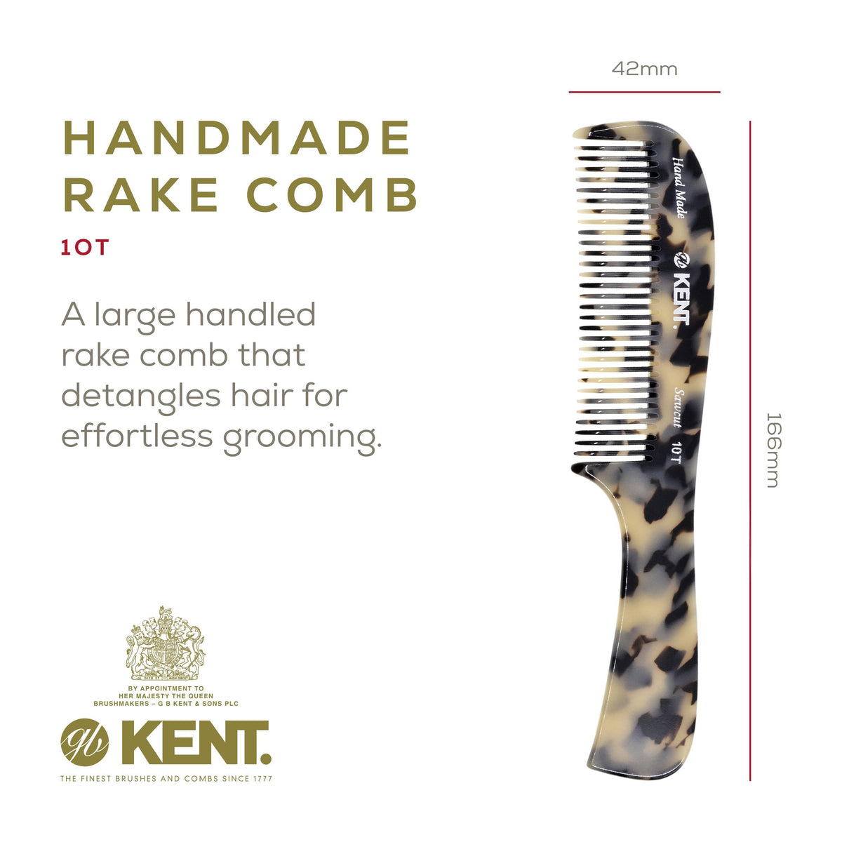 Kent 10T TW Large Detangler Comb, Handmade Wide Tooth Comb for Curly Thick Hair, Detangling Combs For Wet and Dry Hair, Saw-Cut and Hand Polished Made