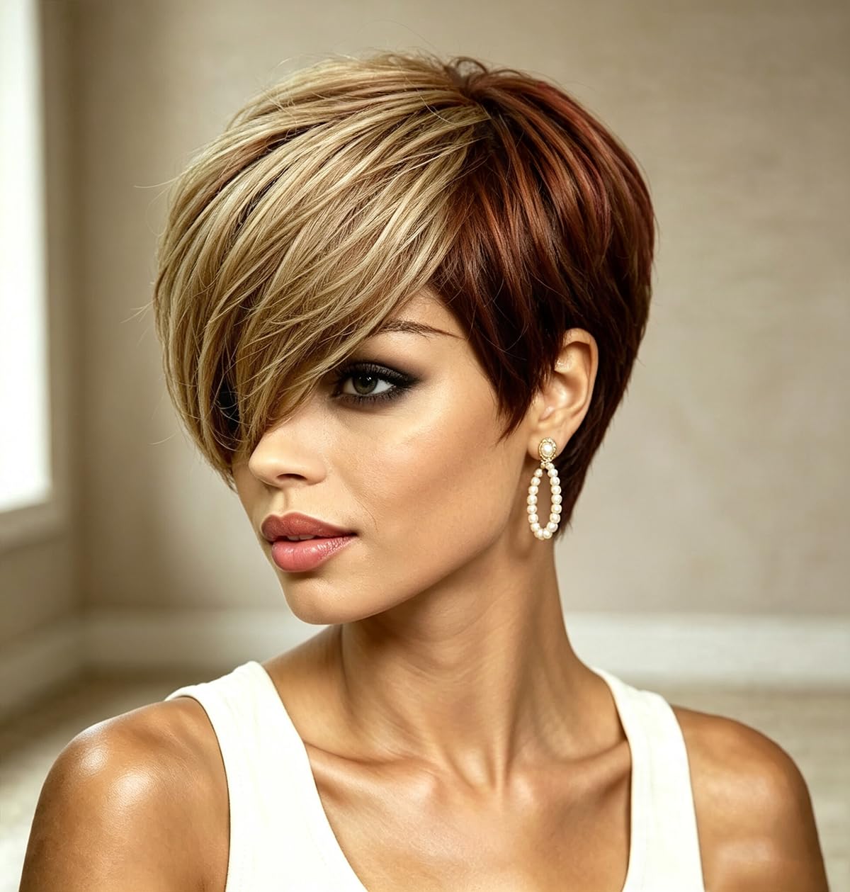 Naseily Hair Mixed Brown Hairstyles with Bangs Synthetic Short Wigs for Black Women Short Hairstyle Synthetic Hair (NAS-7344)
