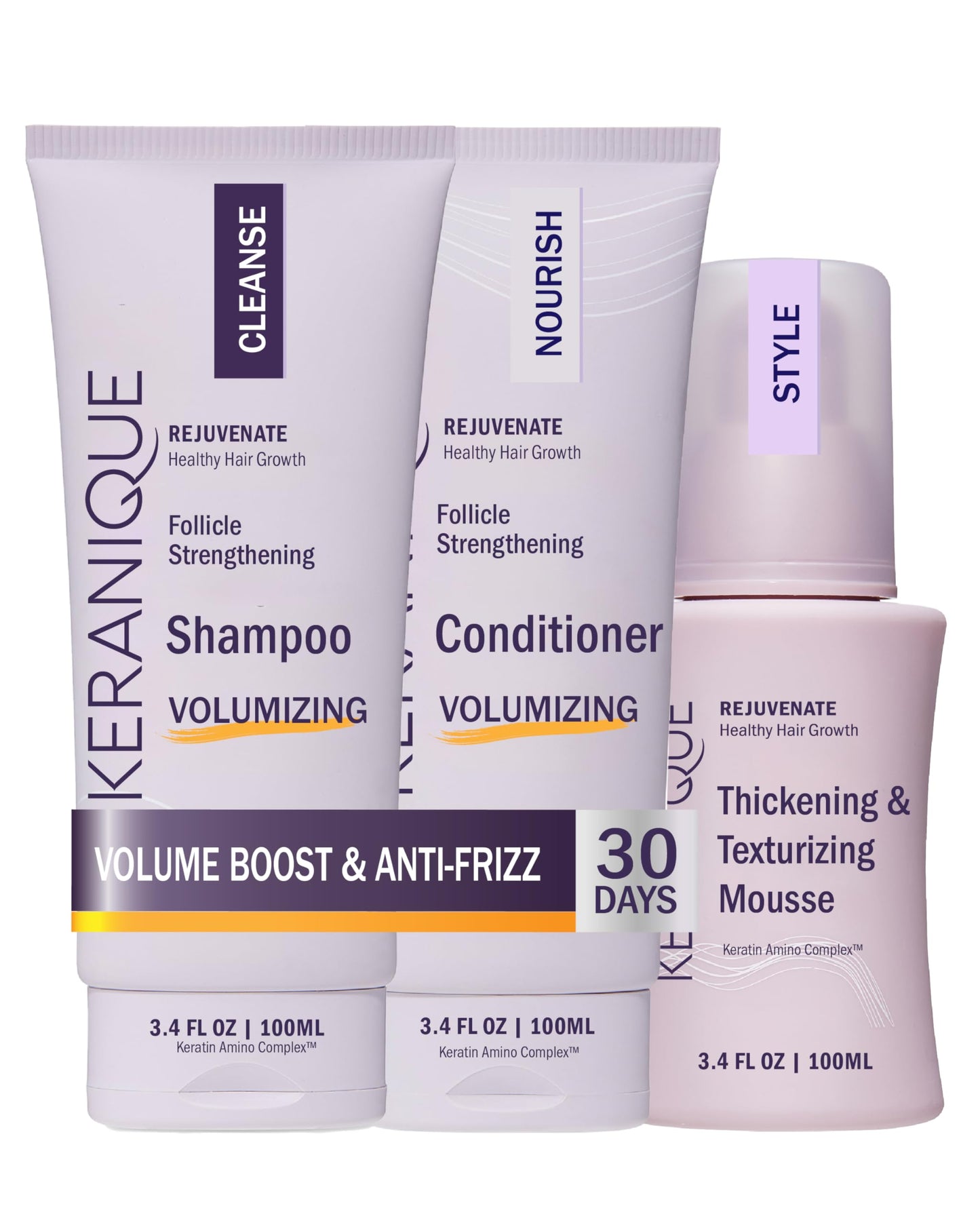 Keranique VOLUME BOOST & STYLE TRAVEL KIT - Anti-Frizz Heat Protection System for Women with Thinning Hair - Includes Keratin Shampoo, Conditioner Beauty & Personal Care Keranique