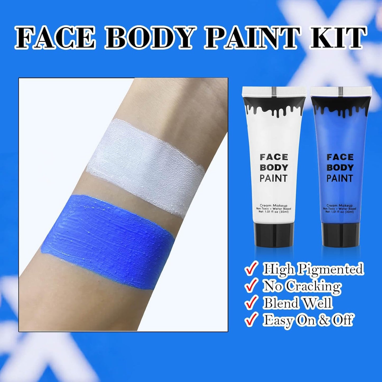 8pcs Avatar Makeup Kit,Navy Blue White Face Paint, Royal Blue Face Paint for Smurf Mystique Cosplay,Lip Gloss,White UV Eyeliner, Short Elf Ears,Single Beauty & Personal Care faglowmify