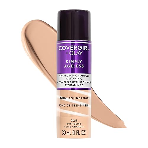 COVERGIRL & Olay Simply Ageless 3-in-1 Liquid Foundation, Matte Finish, Hyaluronic & Vitamin C Formula, 225 Buff Beige, 1 Count Beauty & Personal Care COVERGIRL