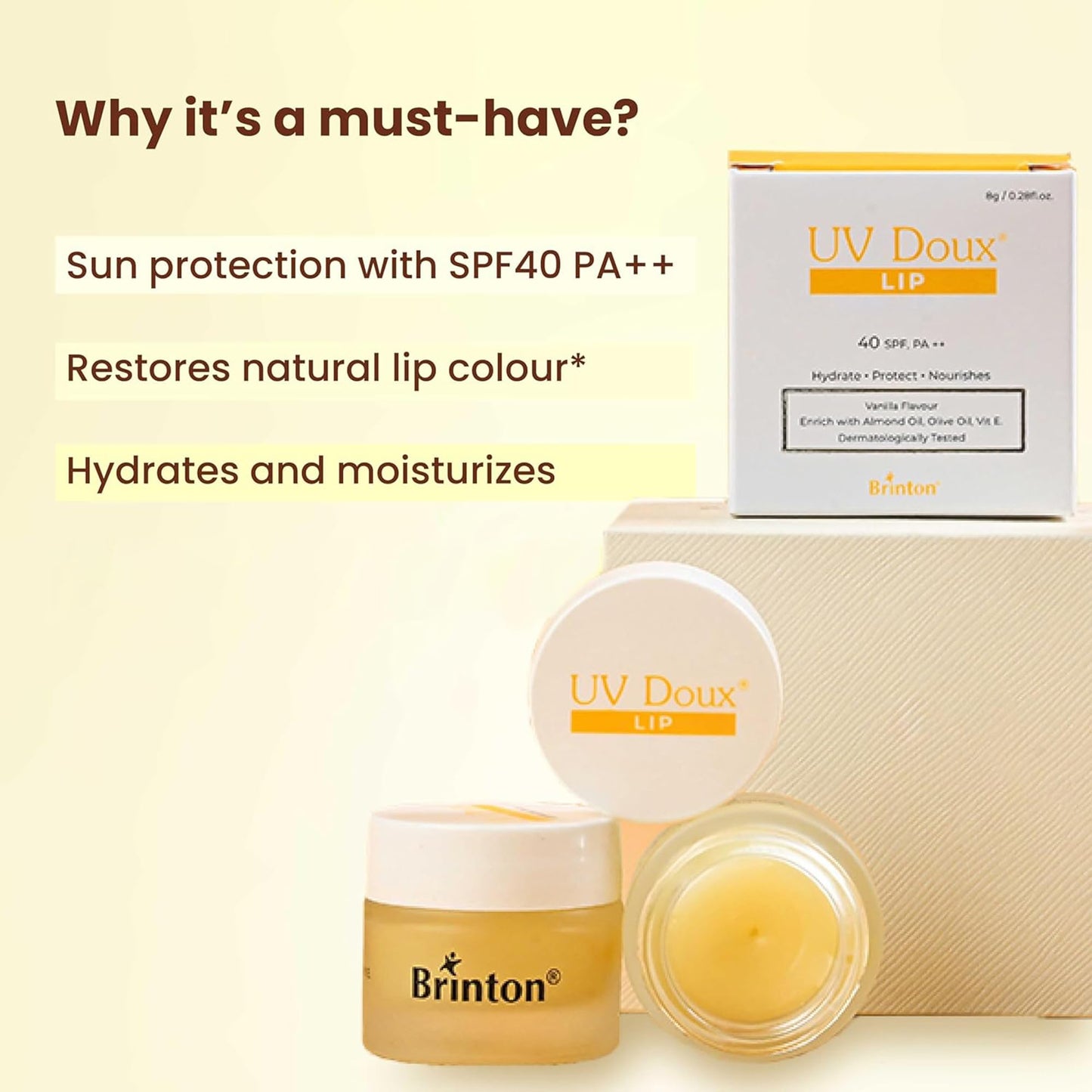 Brinton UV Doux Lip Balm SPF40 - Hydrates and Protects Lips with Almond Oil, Olive Oil and Vitamin E Beauty and Personal Care Brinton