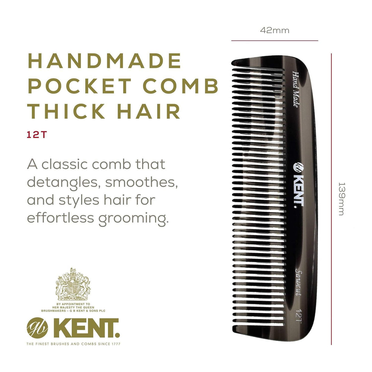 Kent 12T Black Graphite Pocket Comb - Handmade Wide Tooth Hair Comb for Men, Women, and Kids - Travel, Beard, and Mustache Comb - Saw Cut and Hand