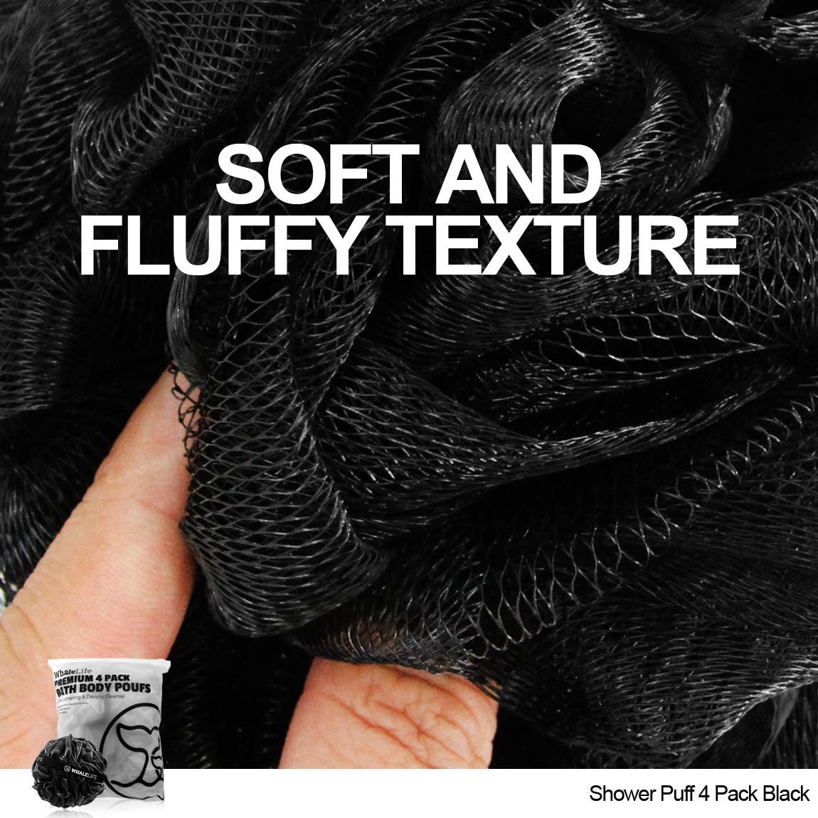 Shower Puff 4 Pack Black Bath Sponge Shower Loofahs Pouf Ball Nature Bamboo Charcoal Mesh Bulk Puffs Large, Shower Essential Skin Care by WhaleLife Beauty & Personal Care WhaleLife