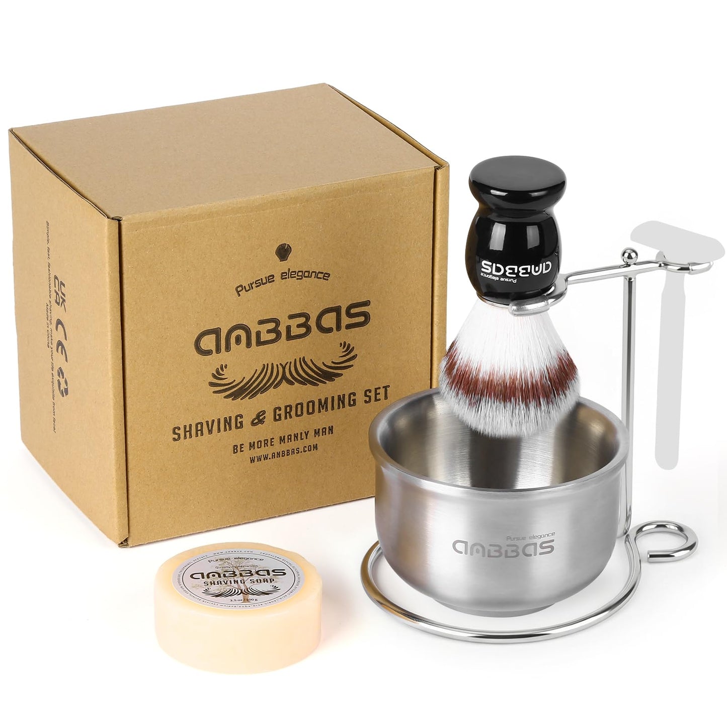 Anbbas Synthetic Badger Shaving Brush,Stainless Steel Shaving Razor and Brush Stand and Lathering Foam Bowl,3.5 oz Natural Shaving Soap Puck Refill Beauty and Personal Care Anbbas
