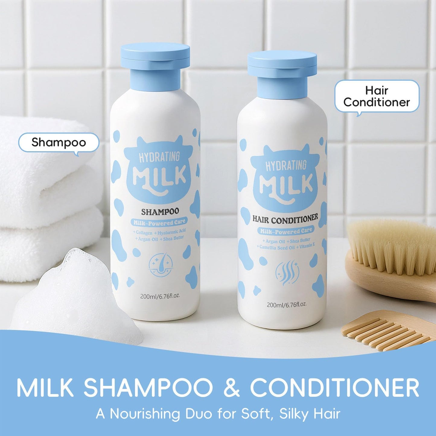 Milk Shampoo and Conditioner Set, Hydrating Shampoo and Conditioner for Curly, Fine, Thick or Straight Hair, Daily Cleaning & Moisturizing Care Beauty & Personal Care TUOSHITONG