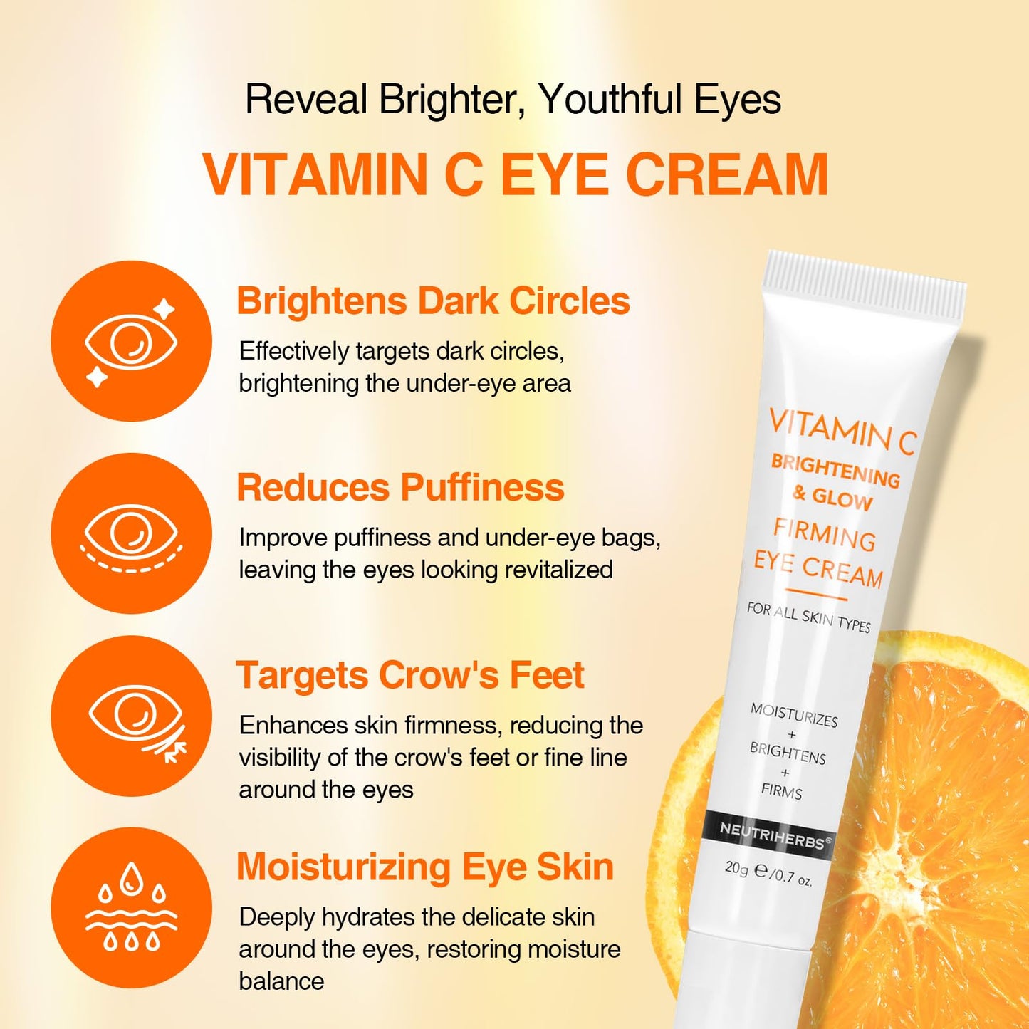 Neutriherbs Eye Cream Vitamin C Eye Gel for Dark Circles, Eye Bags, Puffiness, Eye Massage Under Eye with Hyaluronic Acid, 20g e/0.7 oz. Beauty & Personal Care Neutriherbs