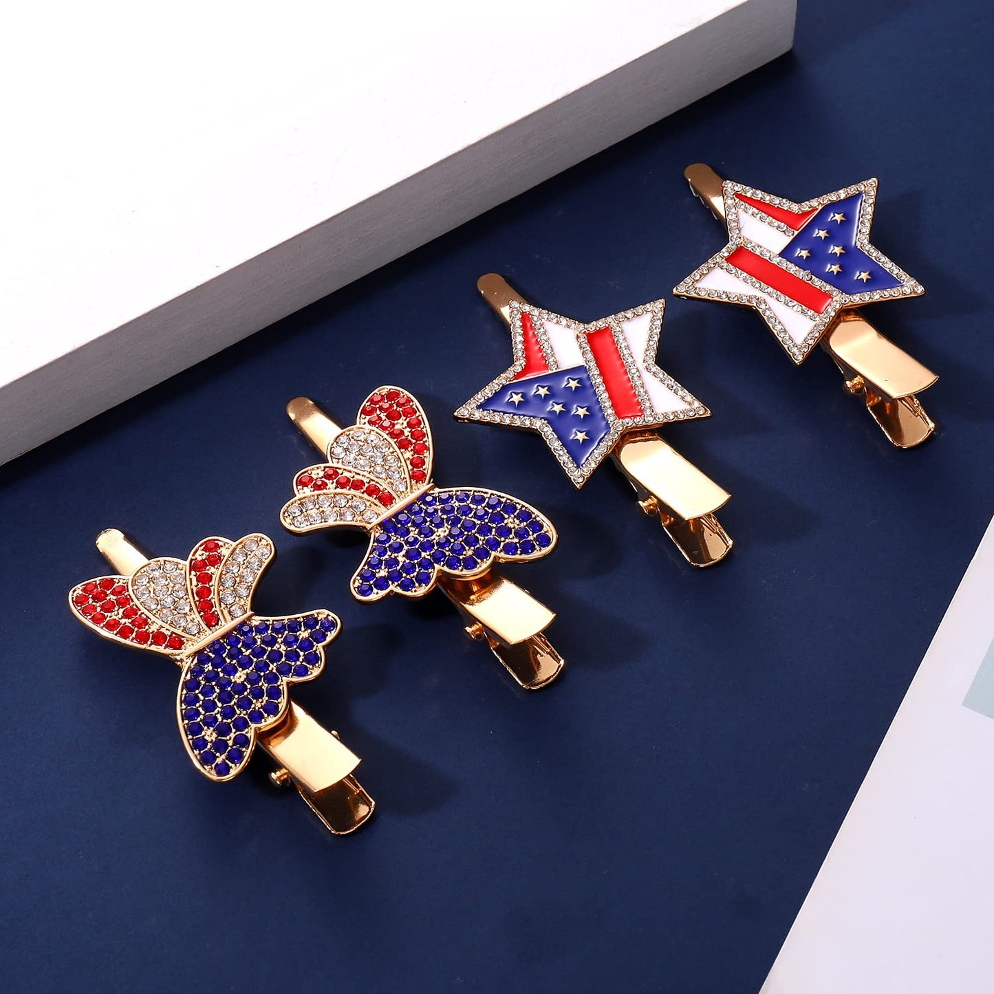 4th of July Patriotic Hair Clips Rhinestone American Flag Star Heart Bows Alligator Metal Clips Crystal Red White and Blue USA Independence Day Beauty & Personal Care BVGA