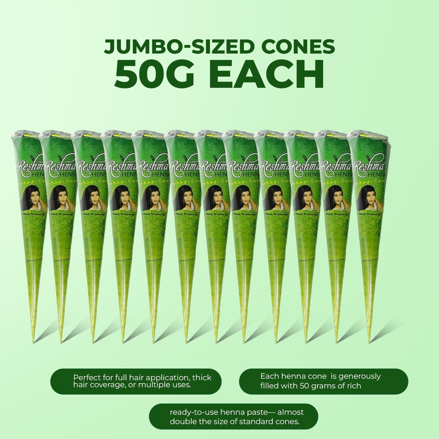 Reshma Beauty 12 Pack of Rajasthani Jumbo Henna Cones for Hair, 50g Each-Almost Double the Size of Regular Cones, 100% Natural Ready-to-Use Henna Beauty & Personal Care Reshma Beauty