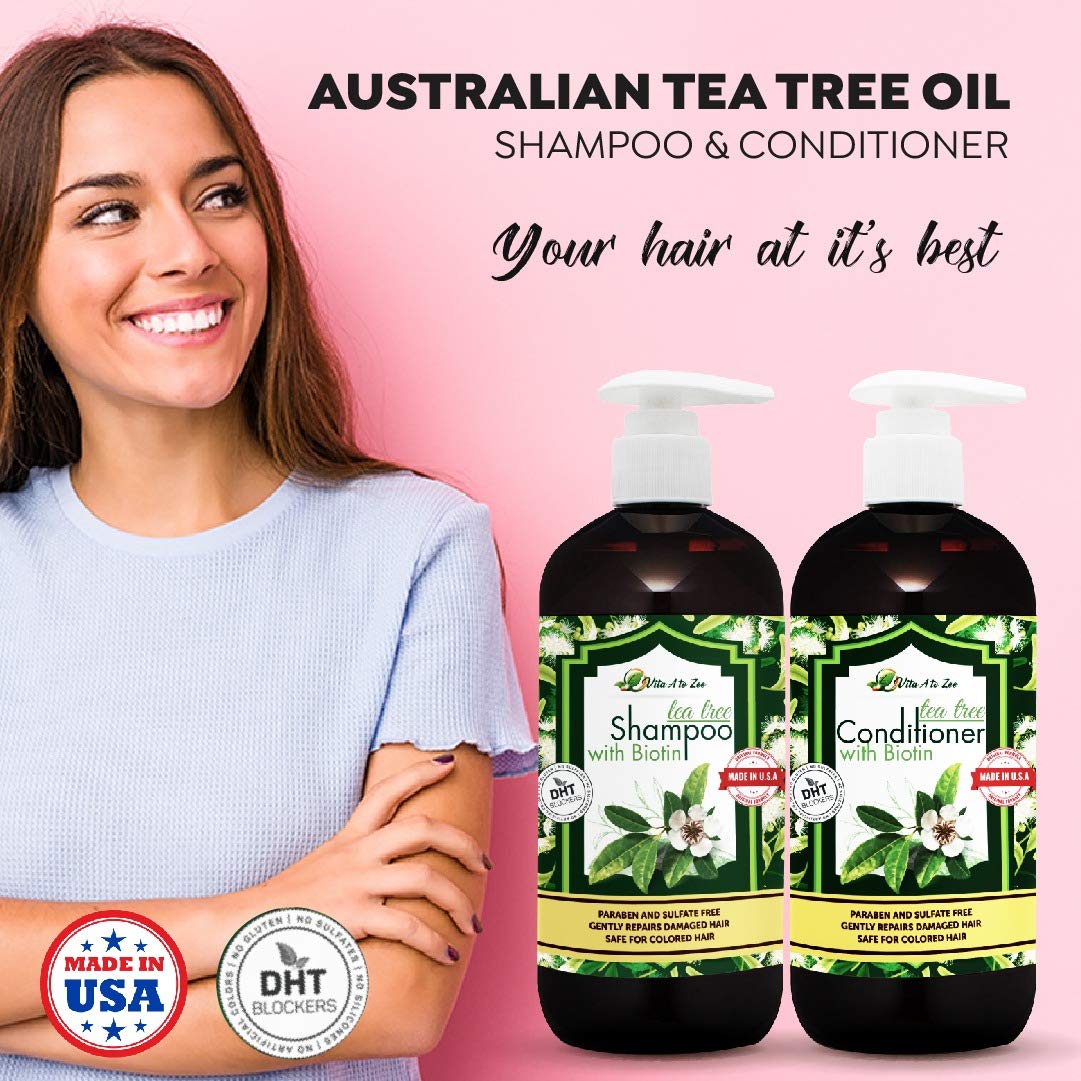Tea Tree Oil & Biotin Shampoo & Conditioner Set for Men & Women | Professional Strength Formula | Refreshes & Stimulates Hair & Scalp | Moisturizing Beauty & Personal Care Vita A to Zee
