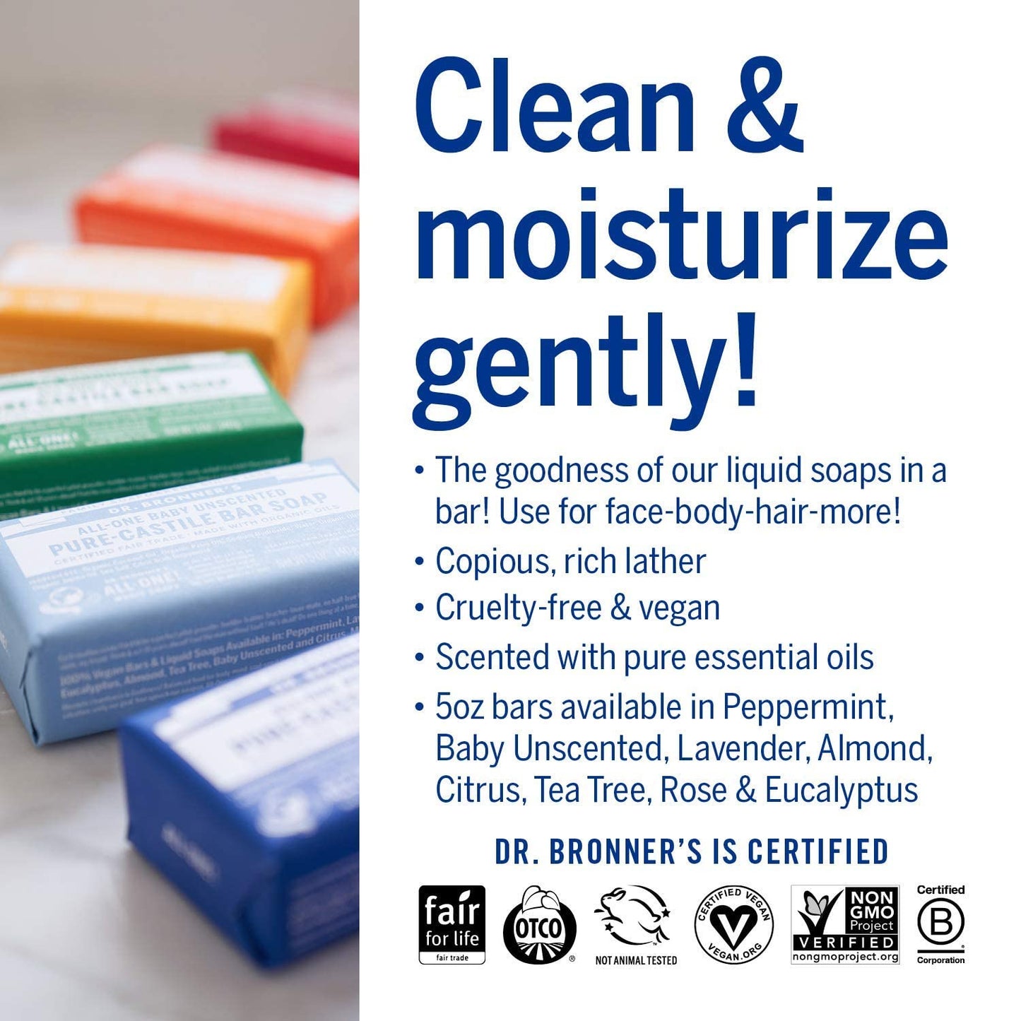 Dr. Bronner's Pure-Castile Magic Bar Soap (5 oz Variety Pack) Almond, Unscented, Lavender, Peppermint, Citrus, Rose, Tea Tree, & Eucalyptus - Made Beauty & Personal Care Dr. Bronner's