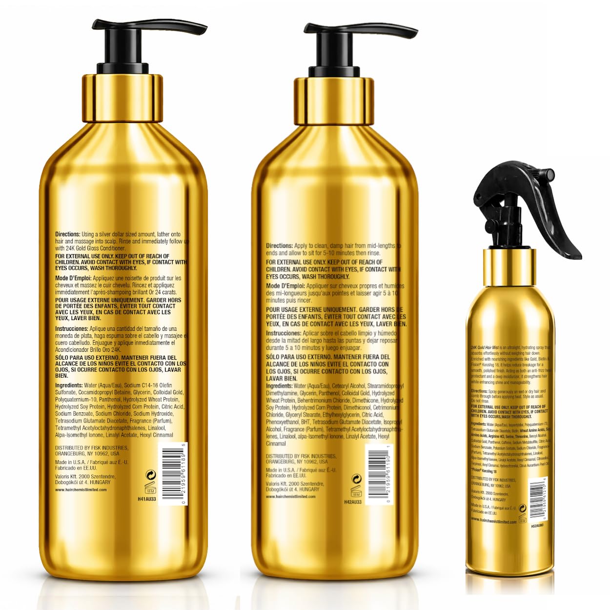 Hair Chemist 24K Gold Gloss 3-Piece Hair Care Set - Gloss Shampoo 33.8oz, Conditioner 33.8oz & Heat Protection Hair Mist 8oz - Shine Enhancing Beauty & Personal Care Hair Chemist