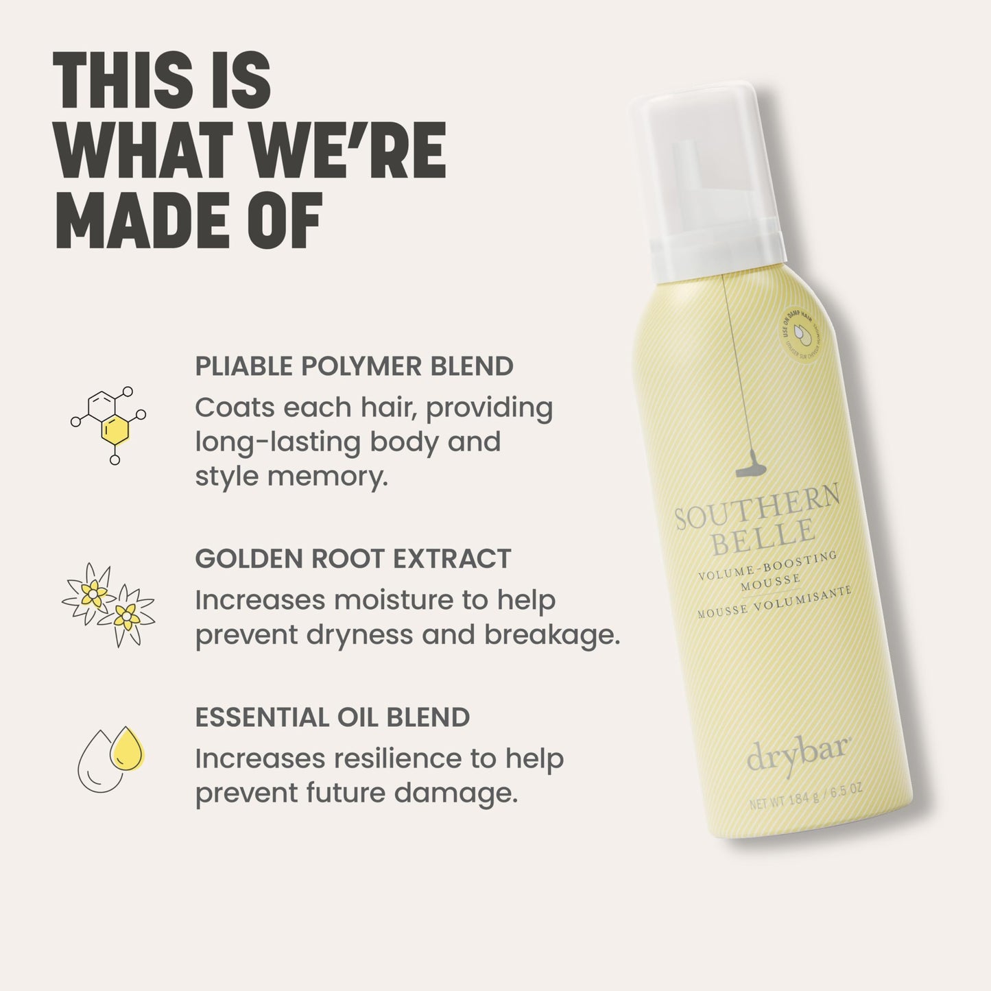 Drybar Southern Belle Volume - Boosting Mousse - Full Size| Prevents Frizz & Damage, Smoothes Hair, and Provides Shine for Long-Lasting Body & Style Beauty & Personal Care Drybar