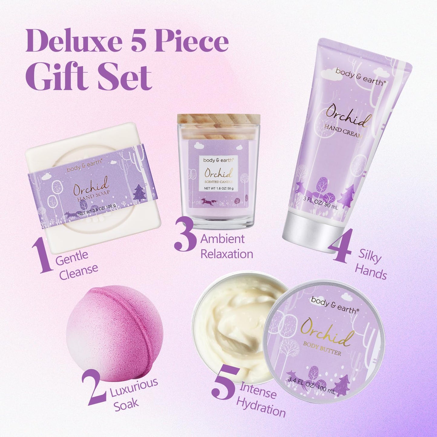 Spa Gifts for Women, Body & Earth 5 Pcs Gifts for Women Orchid Gift Sets, Bath and Body Womens Bath Gifts, Mothers Day Gift Beauty and Personal Care BODY & EARTH