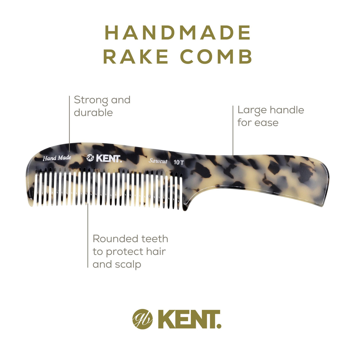 Kent 10T TW Large Detangler Comb, Handmade Wide Tooth Comb for Curly Thick Hair, Detangling Combs For Wet and Dry Hair, Saw-Cut and Hand Polished Made